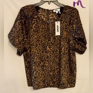 DKNY Leopard Print Brown Short Sleeve Blouse